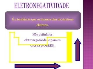 ELETRONEGATIVIDADE É a tendência que os átomos têm de atraírem elétrons . Não definimos  eletronegatividade para os  GASES NOBRES.  