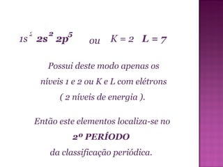 O elemento flúor tem 9 elétrons: Possui deste modo apenas os níveis 1 e 2 ou K e L com elétrons ( 2 níveis de energia ).  Então este elementos localiza-se no 2º PERÍODO  da classificação periódica.  2 2p 1s 2s K = 2 5 2 L = 7 ou 