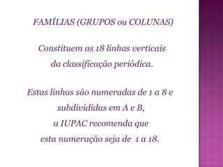 FAMÍLIAS (GRUPOS ou COLUNAS) Constituem as 18 linhas verticais da classificação periódica.  Estas linhas são numeradas de 1 a 8 e  subdivididas em A e B, a IUPAC recomenda que esta numeração seja de  1 a 18.  