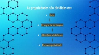 As propriedades são divididas em:
● Raio
● Energia de ionização
● Afinidade eletrônica
● Eletronegatividade
 