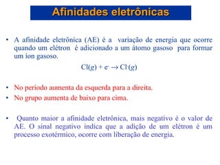 A afinidade eletrônica (AE) é a  variação de energia que ocorre quando um elétron  é adicionado a um átomo gasoso  para formar um íon gasoso. Cl( g ) + e -     Cl - ( g ) No período aumenta da esquerda para a direita. No grupo aumenta de baixo para cima. Quanto maior a afinidade eletrônica, mais negativo é o valor de AE. O sinal negativo indica que a adição de um elétron é um processo exotérmico, ocorre com liberação de energia. Afinidades eletrônicas 