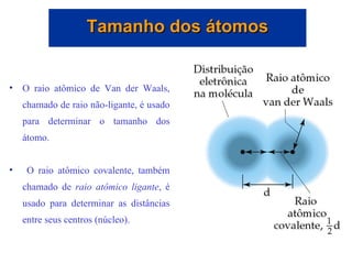 O raio atômico de Van der Waals, chamado de raio não-ligante, é usado para determinar o tamanho dos átomo.  O raio atômico covalente, também chamado de  raio atômico ligante , é usado para determinar as distâncias entre seus centros (núcleo).  Tamanho dos átomos 
