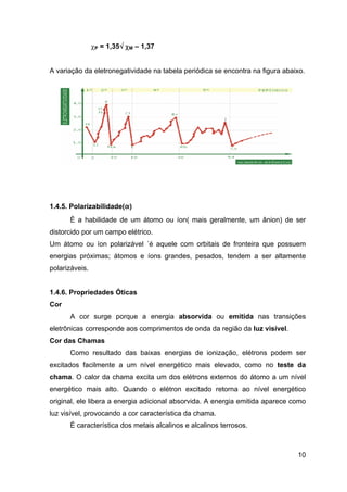 χP = 1,35√ χM – 1,37
A variação da eletronegatividade na tabela periódica se encontra na figura abaixo.
1.4.5. Polarizabilidade(α)
È a habilidade de um átomo ou íon( mais geralmente, um ânion) de ser
distorcido por um campo elétrico.
Um átomo ou íon polarizável ´é aquele com orbitais de fronteira que possuem
energias próximas; átomos e íons grandes, pesados, tendem a ser altamente
polarizáveis.
1.4.6. Propriedades Óticas
Cor
A cor surge porque a energia absorvida ou emitida nas transições
eletrônicas corresponde aos comprimentos de onda da região da luz visível.
Cor das Chamas
Como resultado das baixas energias de ionização, elétrons podem ser
excitados facilmente a um nível energético mais elevado, como no teste da
chama. O calor da chama excita um dos elétrons externos do átomo a um nível
energético mais alto. Quando o elétron excitado retorna ao nível energético
original, ele libera a energia adicional absorvida. A energia emitida aparece como
luz visível, provocando a cor característica da chama.
É característica dos metais alcalinos e alcalinos terrosos.
10
 