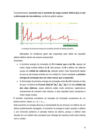 Comportamento: aumenta com o aumento da carga nuclear efetiva (Zef) e com
a diminuição do raio atômico, conforme gráfico abaixo.
6
Alterações na tendência geral são originadas pelo efeito da repulsão
elétron-elétron dentro da mesma subcamada.
Exemplos:
• A primeira energia de ionização do B é menor que a do Be, apesar da
maior carga nuclear efetiva do B. Isto porque, no B o elétron de valência
ocupa um orbital de valência 2p, estando assim mais fracamente ligado
do que se ele tivesse entrado em um orbital 2s. Como resultado a primeira
energia de ionização tem um valor menor que o esperado.
• A diminuição da primeira energia de ionização entre N e O é devida ao fato
de que, no átomo de O (conf. [He] 2s2
2px
2
, 2py
1
, 2pz
1
) um dos orbitais 2p
tem dois elétrons, esses elétrons estão muito próximos, repelindo-se
mutuamente de maneira mais intensa, e esta repulsão extra compensa a
maior carga nuclear.
É também importante considerar as energias de ionização sucessivas de um
mesmo átomo. Assim, I1 < I2 < I3 .....
Este aumento na energia deve-se a necessidade de se remover um elétron de um
átomo positivamente carregado. O aumento na energia é maior quando o elétron
a ser removido pertence à camada interna do átomo, porque o elétron está
situado em um orbital mais compacto que interage de maneira muito mais intensa
com o núcleo.
A variação da primeira energia de ionização através da tabela periódica
 