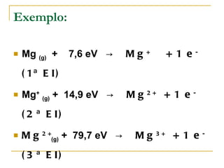 Exemplo:

   Mg (g) +      7,6 eV →     Mg   +
                                             +1 e   -


    ( 1ª E I )

   Mg+ (g) + 14,9 eV →        Mg   2+
                                         +1 e       -


    ( 2 ª E I)

   Mg   2+
           (g)   + 79,7 eV →    Mg      3+
                                              +1 e      -


    ( 3 ª E I)
 