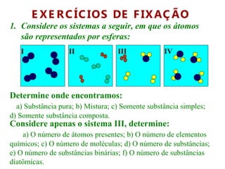 E X E R C ÍC IOS DE F IX AÇ ÃO
1. Considere os sistemas a seguir, em que os átomos
   são representados por esferas:
   I               II              III            IV




Determine onde encontramos:
  a) Substância pura; b) Mistura; c) Somente substância simples;
d) Somente substância composta.
Considere apenas o sistema III, determine:
    a) O número de átomos presentes; b) O número de elementos
químicos; c) O número de moléculas; d) O número de substâncias;
e) O número de substâncias binárias; f) O número de substâncias
diatômicas.
 