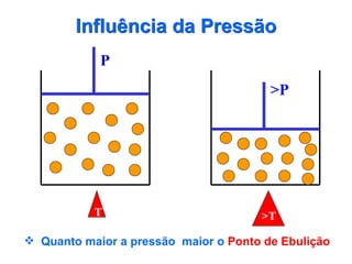 Influência da Pressão
            P
                                        >P




           T                          >T

 Quanto maior a pressão maior o Ponto de Ebulição
 