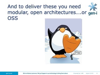 And to deliver these you need
modular, open architectures….or
OSS
25January 29, 2015©Copyright Gen-i 2009
 