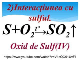 4)Inteacţiunea cu
azotul.
N2+O2→2NO↑
Oxid de Azot(II)
Descărcare electrică
https://www.youtube.com/watch?v=Pmz3hi9Bm0Q
 