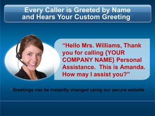 Every Caller is Greeted by Name and Hears Your Custom Greeting * “ Hello Mrs. Williams, Thank you for calling {YOUR COMPAN...