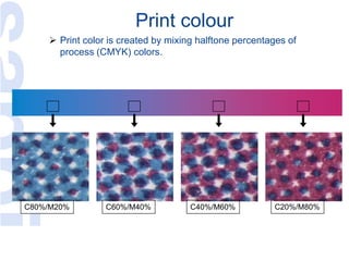 Print colour
 Print color is created by mixing halftone percentages of
process (CMYK) colors.
C80%/M20% C60%/M40% C40%/M60% C20%/M80%
 