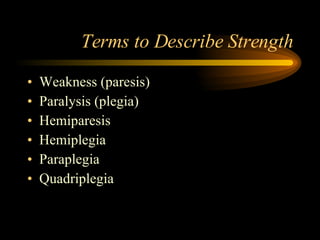 Terms to Describe Strength Weakness (paresis) Paralysis (plegia) Hemiparesis Hemiplegia Paraplegia Quadriplegia 