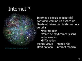 OPTE Project Map of the Internet – CC-BY Internet a depuis le début été considéré comme un espace de liberté et même de résistance pour certains: Peer to peer Vente de médicaments sans ordonnances Diffamation  Monde virtuel – monde réel Droit national – internet mondial 