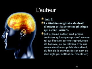 L’auteur   Art.   6 .  Le titulaire originaire du droit d'auteur est la personne physique qui a créé l'oeuvre. (Est présumé auteur, sauf preuve contraire, quiconque apparaît comme tel sur l'oeuvre, sur une reproduction de l'oeuvre, ou en relation avec une communication au public de celle-ci, du fait de la mention de son nom ou d'un sigle permettant de l'identifier.) 25 