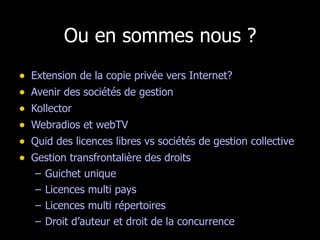 Ou en sommes nous ? Extension de la copie privée vers Internet? Avenir des sociétés de gestion Kollector Webradios et webTV Quid des licences libres vs sociétés de gestion collective Gestion transfrontalière des droits Guichet unique Licences multi pays Licences multi répertoires Droit d’auteur et droit de la concurrence 