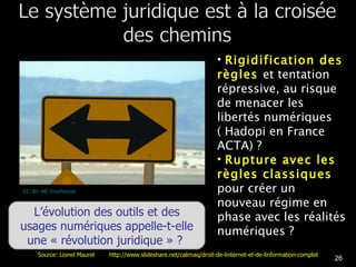 Rigidification des règles  et tentation répressive, au risque de menacer les libertés numériques ( Hadopi en France ACTA) ? Rupture avec les règles classiques  pour créer un nouveau régime en phase avec les réalités numériques ?  CC-BY-NC Freefotouk L’évolution des outils et des usages numériques appelle-t-elle une « révolution juridique » ?  Source: Lionel Maurel  http://www.slideshare.net/calimaq/droit-de-linternet-et-de-linformation-complet 