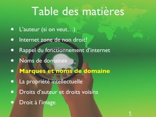 Table des matières L’auteur (si on veut…) Internet zone de non droit? Rappel du fonctionnement d’internet Noms de domaines Marques et noms de domaine La propriété intellectuelle Droits d’auteur et droits voisins Droit à l’image  