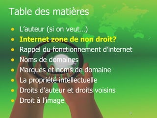 Table des matières L’auteur (si on veut…) Internet zone de non droit? Rappel du fonctionnement d’internet Noms de domaines Marques et noms de domaine La propriété intellectuelle Droits d’auteur et droits voisins Droit à l’image  