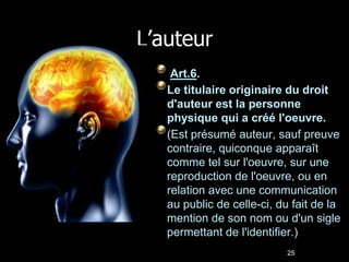 L’auteur
    Art.6.
   Le titulaire originaire du droit
   d'auteur est la personne
   physique qui a créé l'oeuvre.
   (Est présumé auteur, sauf preuve
   contraire, quiconque apparaît
   comme tel sur l'oeuvre, sur une
   reproduction de l'oeuvre, ou en
   relation avec une communication
   au public de celle-ci, du fait de la
   mention de son nom ou d'un sigle
   permettant de l'identifier.)
                           25
 