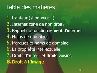 Table des matières
1. L’auteur (si on veut…)
2. Internet zone de non droit?
3. Rappel du fonctionnement d’internet
4. Noms de domaines
5. Marques et noms de domaine
6. La propriété intellectuelle
7. Droits d’auteur et droits voisins
8. Droit à l’image
                                    157
 