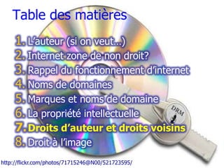 Table des matières
     1. L’auteur (si on veut…)
     2. Internet zone de non droit?
     3. Rappel du fonctionnement d’internet
     4. Noms de domaines
     5. Marques et noms de domaine
     6. La propriété intellectuelle
     7. Droits d’auteur et droits voisins
     8. Droit à l’image
     Février 2008
http://flickr.com/photos/71715246@N00/521723595/
 