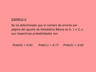 EJEMPLO 2:
Se ha determinado que el número de errores por
página del apunte de Estadística Básica es 0, 1 o 2, y
sus respectivas probabilidades son
Prob(0) = 0.81 Prob(1) = 0.17 Prob(2) = 0.02
 