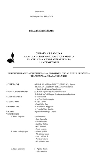 Menyetujui,
Ka Mabigus SMA TELADAN

DRS.ALIMINNUDIN.SE.MM

GERAKAN PRAMUKA
AMBALAN Ir. SOEKARNO DAN TJOET MOETIA
SMA TELADAN KWARRAN WAY JEPARA
LAMPUNG TIMUR

______________________________________________
SUSUNAN KEPANITIAAN PERKEMAHAN PINDAH GOLONGAN GUGUS DEPAN SMA
TELADAN WAY JEPARA TAHUN 2013

1. PELINDUNG

2. PENANGGUNG JAWAB
3. KETUA PANITIA
4. SEKRETARIS
5. BENDAHARA
6 .HUMAS
7. SEKSI-SEKSI,
a. Seksi Kegiatan

b. Seksi Perlengkapan

c. Seksi Konsumsi

: a.Kakak KA Mabigus SMA TELADAN Way Jepara
b Kakak.KA Gudep SMA TELADAN Way Jepara
c. Kakak KA Kwarran Way Jepara
: a. Kakak Riyanto Selaku pembina harian
b. Kakak Ma’ruf Hidayat Selaku pembantu Pembina
: a. SamsunHadi
b. M.Arif Riadho tawakal
: a. Devi Lestari
b.Suci Atika Rani
: a. Novita Sari Anggraini
b. Feranda Tiara Sandita
: Agus Sutopo Margo Utomo
: -Andi Setiadi
-Desi Desmalia
-Dodi Rovaldo
-Latifatul Rohma
-Kiki Sundari
-Krido susanto
: - Amirul syahid
- M. Khoirul anam
- Umi Latifatul. J
- Novia aristia. N
- M. Miftahul huda

: - Aprilia dwi. S
- Nike valentin

 