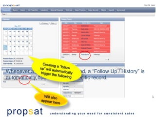 Whenever a new record is created, a “Follow Up / History” is
automatically opened for the specific record.




propsat            understanding your need for consistent sales
 