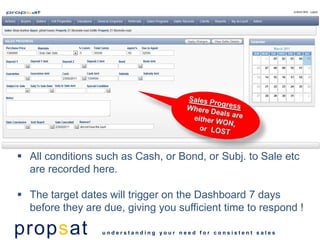  All conditions such as Cash, or Bond, or Subj. to Sale etc
  are recorded here.

 The target dates will trigger on the Dashboard 7 days
  before they are due, giving you sufficient time to respond !

propsat           understanding your need for consistent sales
 