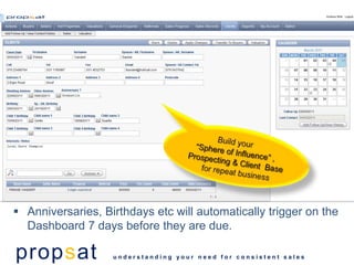  Anniversaries, Birthdays etc will automatically trigger on the
  Dashboard 7 days before they are due.

propsat            understanding your need for consistent sales
 