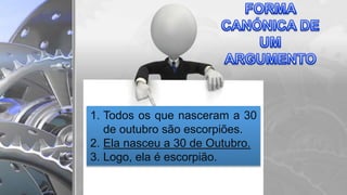 1. Todos os que nasceram a 30
de outubro são escorpiões.
2. Ela nasceu a 30 de Outubro.
3. Logo, ela é escorpião.
 