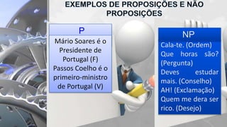 P
PROPOISIÇÕESMário Soares é o
Presidente de
Portugal (F)
Passos Coelho é o
primeiro-ministro
de Portugal (V)
Cala-te. (Ordem)
Que horas são?
(Pergunta)
Deves estudar
mais. (Conselho)
AH! (Exclamação)
Quem me dera ser
rico. (Desejo)
NP
 