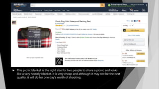  This picnic blanket is the right size for two people to share a picnic and looks
like a very homely blanket. It is very cheap and although it may not be the best
quality, it will do for one day’s worth of shooting.
 