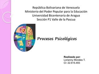 República Bolivariana de Venezuela
Ministerio del Poder Popular para la Educación
Universidad Bicentenaria de Aragua
Sección P1 Valle de la Pascua
Procesos Psicológicos
Realizado por:
Lorianny Morales T.
CI: 22.615.493
 