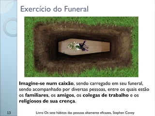 Exercício do Funeral
13 Livro Os sete hábitos das pessoas altamente eficazes, Stephen Covey
Imagine-se num caixão, sendo carregado em seu funeral,
sendo acompanhado por diversas pessoas, entre os quais estão
os familiares, os amigos, os colegas de trabalho e os
religiosos de sua crença.
 