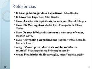 32
●
O Evangelho Segundo o Espiritismo, Allan Kardec
●
O Livro dos Espíritos, Allan Kardec
●
Livro As sete leis espirituais do sucesso, Deepak Chopra
●
Livro Os Mensageiros, André Luiz, Psicografia de Chico
Xavier
●
Livro Os sete hábitos das pessoas altamente eficazes,
Stephen Covey
●
Livro Reinventing Organizations (Inglês), versão ilustrada,
Frederic Laloux
●
Artigo “Como posso descobrir minha missão no
mundo?” http://espiritismo-br.blogspot.com.br
●
Artigo Finalidades da Encarnação, https://espirito.org.br
Referências
32
 