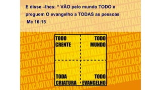 E disse –lhes: “ VÃO pelo mundo TODO e
preguem O evangelho a TODAS as pessoas
Mc 16:15
 