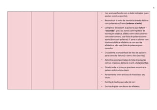 6
• Ler acompanhando com o dedo indicador (para
ajustar o oral ao escrito);
• Reconstruir o texto de memória através de tiras
com palavras ou frases (ordenar o texto)
• Completar texto com as palavras que faltam –
“lacunado” (para os alunos com hipótese de
escrita pré-silábica, silábica sem valor sonoro e
com valor sonoro, usar lista de palavras como
apoio (banco de palavras). E para os alunos com
hipótese silábica-alfabética e com escrita
alfabética, não usar lista de palavras para
consulta.
• Cruzadinha acompanhada de lista de palavras
para consulta (leitura) e sem a lista (escrita);
• Adivinhas acompanhadas de lista de palavras
com as respostas (leitura) e sem a lista (escrita);
• Ditado onde as crianças precisem encontrar a
palavra solicitada no texto.
• Pareamento entre trechos de histórias e seu
título;
• Escrita de textos que sabe de cor;
• Escrita dirigida com letras do alfabeto;
 