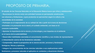 PROPÓSITO DE PRIMARIA.
El estudio de las Ciencias Naturales en la Educación Básica busca que niños y adolescentes:
• Reconozcan la ciencia como una actividad humana en permanente construcción,
con alcances y limitaciones, cuyos productos se aprovechan según la cultura y las
necesidades de la sociedad.
• Participen en el mejoramiento de su calidad de vida a partir de la toma de decisiones
orientadas a la promoción de la salud y el cuidado ambiental, con base en el
consumo sustentable.
• Aprecien la importancia de la ciencia y la tecnología y sus impactos en el ambiente
en el marco de la sustentabilidad.
• Desarrollen habilidades asociadas al conocimiento científico y sus niveles de representación
e interpretación acerca de los fenómenos naturales.
• Comprendan, desde la perspectiva de la ciencia escolar, procesos y fenómenos
biológicos, físicos y químicos.
• Integren los conocimientos de las ciencias naturales a sus explicaciones sobre
fenómenos y procesos naturales al aplicarlos en contextos y situaciones diversas.
 