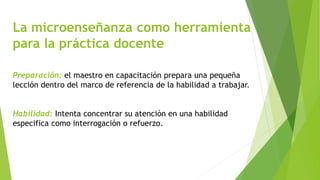 La microenseñanza como herramienta 
para la práctica docente 
Preparación: el maestro en capacitación prepara una pequeña 
lección dentro del marco de referencia de la habilidad a trabajar. 
Habilidad: Intenta concentrar su atención en una habilidad 
especifica como interrogación o refuerzo. 
 