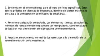 3. Se centra en el entrenamiento para el logro de fines específicos. Éstos 
son: la práctica de técnicas de enseñanza, dominio de ciertos materiales 
de clase o la demostración de métodos de enseñanza. 
4. Permite una situación controlada. Los elementos (tiempo, estudiantes, 
métodos de retroalimentación) pueden ser manipulados, como resultado 
se logra un más alto control en el programa de entrenamiento. 
5. Amplía el conocimiento normal de los resultados y la dimensión de la 
retroalimentación de la enseñanza. 
 