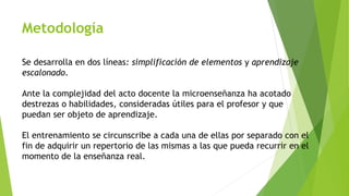 Metodología 
Se desarrolla en dos líneas: simplificación de elementos y aprendizaje 
escalonado. 
Ante la complejidad del acto docente la microenseñanza ha acotado 
destrezas o habilidades, consideradas útiles para el profesor y que 
puedan ser objeto de aprendizaje. 
El entrenamiento se circunscribe a cada una de ellas por separado con el 
fin de adquirir un repertorio de las mismas a las que pueda recurrir en el 
momento de la enseñanza real. 
 