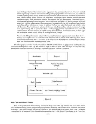 -111-
proxy for the popularity of their content and the engagement they generate on the network. Users are credited
with likes primarily when there are viewers watching and engaging with the user’s broadcasts, and to a lesser
extent by capturing and re-posting short video clips (“moments”) from other users’ broadcasts. In addition to
these content-creating related activities, the Props Live Video App Reward Formula ensures that other
contributing users, those not creating content, are rewarded for their Engagement Generating Activity,
including those who support content creators with virtual items, purchased with Bars, or engaged users that
are actively watching and engaging with content creators broadcasting live, as well as dedicated users that hit
a set of pre-defined milestones or events. In addition, YouNow may adjust the formula and variables in its
sole discretion. YouNow intends to optimize the formula, including variables, so that, on an annual average
basis, approximately 70% of rewards the Props Live Video App generates are distributed out to users and
content creators. YouNow reserves the right to change this in the future, at its sole discretion, if Props Apps
join the network and the level of activity on the Props Network changes.
Any rewards of Props Tokens are subject to having completed certain requirements to claim them. See “—
Terms of Receiving Rewards” for additional details. These rewards are initially made in Pending Props, which
have limited functionality. See “Description of the Props Tokens Being Offered—Pending Props in Props
Apps” for additional details regarding Pending Props.
The below graphic shows the overall expected flow of both U.S. Dollars from in-app purchases and Props Tokens
allocated to the Props Live Video App. The amount of any U.S. Dollar or Props Token flowing at each step may vary
based on the terms and conditions of the Props Live Video App and in YouNow’s discretion.
Figure 1
One-Time Discretionary Grants
Prior to the qualification of this offering circular, the Props Live Video App featured user social status levels
associated with creating content and generating engagement of other users (who watched them, liked them and chatted
with them). Upon qualification of this offering circular, we will establish new social statuses in the Props Live Video
App defined by the number of Props Token holdings a user has. See “—The Role of Props Tokens in the Props Live
 