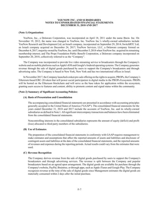 YOUNOW INC. AND SUBSIDIARIES
NOTES TO CONSOLIDATED FINANCIAL STATEMENTS
DECEMBER 31, 2018 AND 2017
F-7
(Note 1) Organization:
YouNow, Inc., a Delaware Corporation, was incorporated on April 18, 2011 under the name Bnow. Inc. On
November 19, 2012, the name was changed to YouNow, Inc. YouNow Inc.’s wholly-owned subsidiaries include
YouNow Research and Development Ltd, an Israeli company, incorporated on September 29, 2014; SwitchRTC Ltd,
an Israeli company acquired on December 24, 2017; YouNow Services, LLC, a Delaware company formed on
December 4, 2017, majority owned byYouNow, Inc. until December 5, 2018 whenYouNow Inc. acquired its remaining
membership interest; and The Props Foundation Public Benefit Corporation, a Delaware company incorporated on
September 20, 2018, collectively referred to as the “Company”.
The Company was incorporated to provide live video streaming service to broadcasters through the Company's
websiteandonmobileplatformssuchasApple'sIOSandGoogle'sAndroidoperatingsystems.TheCompanygenerates
revenue through the sale of digital goods purchased by users to support the Company's broadcasters and through
advertising sales. The Company is based in New York, New York and has two international offices in Israel.
InNovember2017, theCompany launchedatokenpre-sale offering onthe rights toacquire, PROPs, the Company’s
Ethereum-based ERC-20 token that will power social participation in digital media in the PROPs Ecosystem. PROPs
will be hosted on the Ethereum blockchain and will serve as the base token for application within the ecosystem,
granting users access to features and content, ability to promote content and signal status within the community.
(Note 2) Summary of Significant Accounting Policies:
(A) Basis of Presentation and Consolidation
The accompanying consolidated financial statements are presented in accordance with accounting principles
generally accepted in the United States of America ("GAAP"). The consolidated financial statements for the
years ended December 31, 2018 and 2017 include the accounts of YouNow, Inc. and its wholly-owned
subsidiaries as defined in Note 1.All significant intercompany transactions and balances have been eliminated
from the consolidated financial statements.
Noncontrolling interests in the consolidated subsidiaries represents the amount of equity (deficit) and profit
(loss) allocated to third party members of the subsidiaries.
(B) Use of Estimates
The preparation of the consolidated financial statements in conformity with GAAP requires management to
make estimates and assumptions that affect the reported amounts of assets and liabilities and disclosure of
contingent assets and liabilities at the date of the consolidated financial statements, and the reported amounts
of revenues and expenses during the reporting periods. Actual results could vary from the estimates that were
used.
(C) Revenue Recognition
The Company derives revenue from the sale of digital goods purchased by users to support the Company's
broadcasters and through advertising services. The revenue is split between the Company and popular
broadcasters based on an agreed upon arrangement. The digital goods are available for purchase through the
Company's website, PayPal, Braintree, or through apps, such asApple iTunes and Google Play. The Company
recognizes revenue at the time of the sale of digital goods since Management estimates the digital goods are
materially consumed within 2 days after the initial purchase.
 