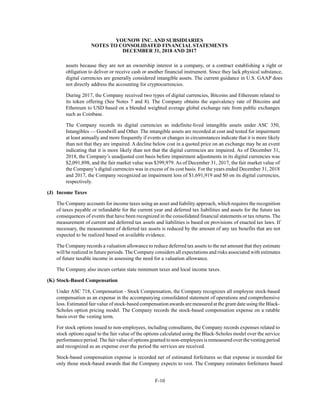 YOUNOW INC. AND SUBSIDIARIES
NOTES TO CONSOLIDATED FINANCIAL STATEMENTS
DECEMBER 31, 2018 AND 2017
F-10
assets because they are not an ownership interest in a company, or a contract establishing a right or
obligation to deliver or receive cash or another financial instrument. Since they lack physical substance,
digital currencies are generally considered intangible assets. The current guidance in U.S. GAAP does
not directly address the accounting for cryptocurrencies.
During 2017, the Company received two types of digital currencies, Bitcoins and Ethereum related to
its token offering (See Notes 7 and 8). The Company obtains the equivalency rate of Bitcoins and
Ethereum to USD based on a blended weighted average global exchange rate from public exchanges
such as Coinbase.
The Company records its digital currencies as indefinite-lived intangible assets under ASC 350,
Intangibles — Goodwill and Other. The intangible assets are recorded at cost and tested for impairment
at least annually and more frequently if events or changes in circumstances indicate that it is more likely
than not that they are impaired. A decline below cost in a quoted price on an exchange may be an event
indicating that it is more likely than not that the digital currencies are impaired. As of December 31,
2018, the Company’s unadjusted cost basis before impairment adjustments in its digital currencies was
$2,091,898, and the fair market value was $399,979. As of December 31, 2017, the fair market value of
the Company’s digital currencies was in excess of its cost basis. For the years ended December 31, 2018
and 2017, the Company recognized an impairment loss of $1,691,919 and $0 on its digital currencies,
respectively.
(J) Income Taxes
The Company accounts for income taxes using an asset and liability approach, which requires the recognition
of taxes payable or refundable for the current year and deferred tax liabilities and assets for the future tax
consequences of events that have been recognized in the consolidated financial statements or tax returns. The
measurement of current and deferred tax assets and liabilities is based on provisions of enacted tax laws. If
necessary, the measurement of deferred tax assets is reduced by the amount of any tax benefits that are not
expected to be realized based on available evidence.
The Company records a valuation allowance to reduce deferred tax assets to the net amount that they estimate
will be realized in future periods. The Company considers all expectations and risks associated with estimates
of future taxable income in assessing the need for a valuation allowance.
The Company also incurs certain state minimum taxes and local income taxes.
(K) Stock-Based Compensation
Under ASC 718, Compensation - Stock Compensation, the Company recognizes all employee stock-based
compensation as an expense in the accompanying consolidated statement of operations and comprehensive
loss. Estimated fair value of stock-based compensation awards are measured at the grant date using the Black-
Scholes option pricing model. The Company records the stock-based compensation expense on a ratable
basis over the vesting term.
For stock options issued to non-employees, including consultants, the Company records expenses related to
stock options equal to the fair value of the options calculated using the Black-Scholes model over the service
performance period.The fair value of options granted to non-employees is remeasured over the vesting period
and recognized as an expense over the period the services are received.
Stock-based compensation expense is recorded net of estimated forfeitures so that expense is recorded for
only those stock-based awards that the Company expects to vest. The Company estimates forfeitures based
 