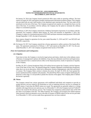 YOUNOW INC. AND SUBSIDIARIES
NOTES TO CONSOLIDATED FINANCIAL STATEMENTS
DECEMBER 31, 2018 AND 2017
F-21
On January 26, 2018, the Company leased commercial office space under an operating sublease. The lease
expires onAugust 30, 2021 and requires monthly rental payments and annual escalation charges.The Company
was provided with one and a half months of rent abatement upon entering the lease. The rent credit will be
amortized over the term of the lease. The Company recognized rent expense on a straight-line basis over the
term of the lease. In accordance with the sublease, the Company has the option to terminate the sublease
subject to a termination payment.
On February 4, 2019, the Company entered into a Sublease Termination Agreement. In accordance with the
agreement, the Company’s sublease dated January 26, 2018 will terminate on September 5, 2019. The
Company is subject to a termination payment of $323,082 and future minimum rental payments of $610,830
through September 5, 2019, the date of termination.
Rent expense charged to operations for the years ended December 31, 2018 and 2017 was $835,829 and
$984,082, respectively.
(B) On January 30, 2017, the Company entered into a license agreement to sublet a portion of the leased office
space. The agreement commenced on February 1, 2017 and expired on December 29, 2017. For the year
ended December 31, 2017, the Company recognized rental income of $325,000.
(Note 14) Commitments and Contingencies:
(A) Litigation
From time-to-time, the Company is involved in legal actions and claims, which arise in the ordinary course
of business. In management's opinion, the liabilities, if any, that may ultimately result from such legal actions
are not expected to have a material adverse effect on the financial position, results of operations or liquidity
of the Company.
On May 20, 2015, a former broadcaster filed a $10 million lawsuit against the Company with the Supreme
Court of the State of New York. The plaintiff alleged the Company improperly terminated their broadcaster
status due to an on-air altercation, which led to defamation, business disparagement, trade libel and breach
of contract. The Company filed a motion to dismiss the action. On April 10, 2018, the Court granted the
motion and dismissed the compliant with prejudice. The plaintiff has filed a notice of appeal challenging the
dismissal. At this stage, it is not possible to predict the outcome of the appeal. The Company plans to defend
the lawsuit vigorously.
(B) Tokens
The Company entered into various agreements with unaffiliated individuals and companies to provide as
needed advisory services related to the blockchain as well as marketing advisory services in exchange for
PROPs tokens, if and when the PROPs tokens are issued. The agreements are generally subject to a vesting
schedule with ranges between zero and one year.As of December 31, 2018, the Company reserved 37,646,937
tokens to be issued for the advisory services. The Company has assigned an undiscounted value of $0.1369
per token. In accordance with ASC 720, Other Expenses, the Company will recognize the related expenses
when incurred, which are deemed to occur at the date of issuance of PROPs tokens for the services provided.
As of December 31, 2018, services under these agreements have not been rendered.
 