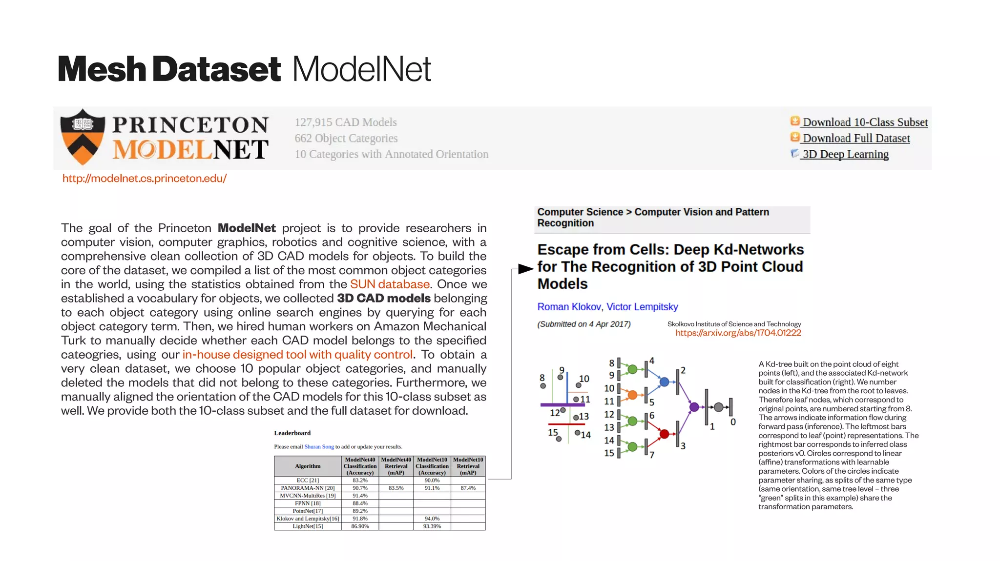 MeshDataset ModelNet
The goal of the Princeton ModelNet project is to provide researchers in
computer vision, computer graphics, robotics and cognitive science, with a
comprehensive clean collection of 3D CAD models for objects. To build the
core of the dataset, we compiled a list of the most common object categories
in the world, using the statistics obtained from the SUN database. Once we
established a vocabulary for objects, we collected 3D CAD models belonging
to each object category using online search engines by querying for each
object category term. Then, we hired human workers on Amazon Mechanical
Turk to manually decide whether each CAD model belongs to the specified
cateogries, using our in-house designed tool with quality control. To obtain a
very clean dataset, we choose 10 popular object categories, and manually
deleted the models that did not belong to these categories. Furthermore, we
manually aligned the orientation of the CAD models for this 10-class subset as
well. We provide both the 10-class subset and the full dataset for download.
http://modelnet.cs.princeton.edu/
Skolkovo Institute of Science and Technology
https://arxiv.org/abs/1704.01222
A Kd-tree built on the point cloud of eight
points (left), and the associated Kd-network
built for classification (right). We number
nodes in the Kd-tree from the root to leaves.
Therefore leaf nodes, which correspond to
original points, are numbered starting from 8.
The arrows indicate information flow during
forward pass (inference). The leftmost bars
correspond to leaf (point) representations. The
rightmost bar corresponds to inferred class
posteriors v0. Circles correspond to linear
(affine) transformations with learnable
parameters. Colors of the circles indicate
parameter sharing, as splits of the same type
(same orientation, same tree level – three
“green” splits in this example) share the
transformation parameters.
 