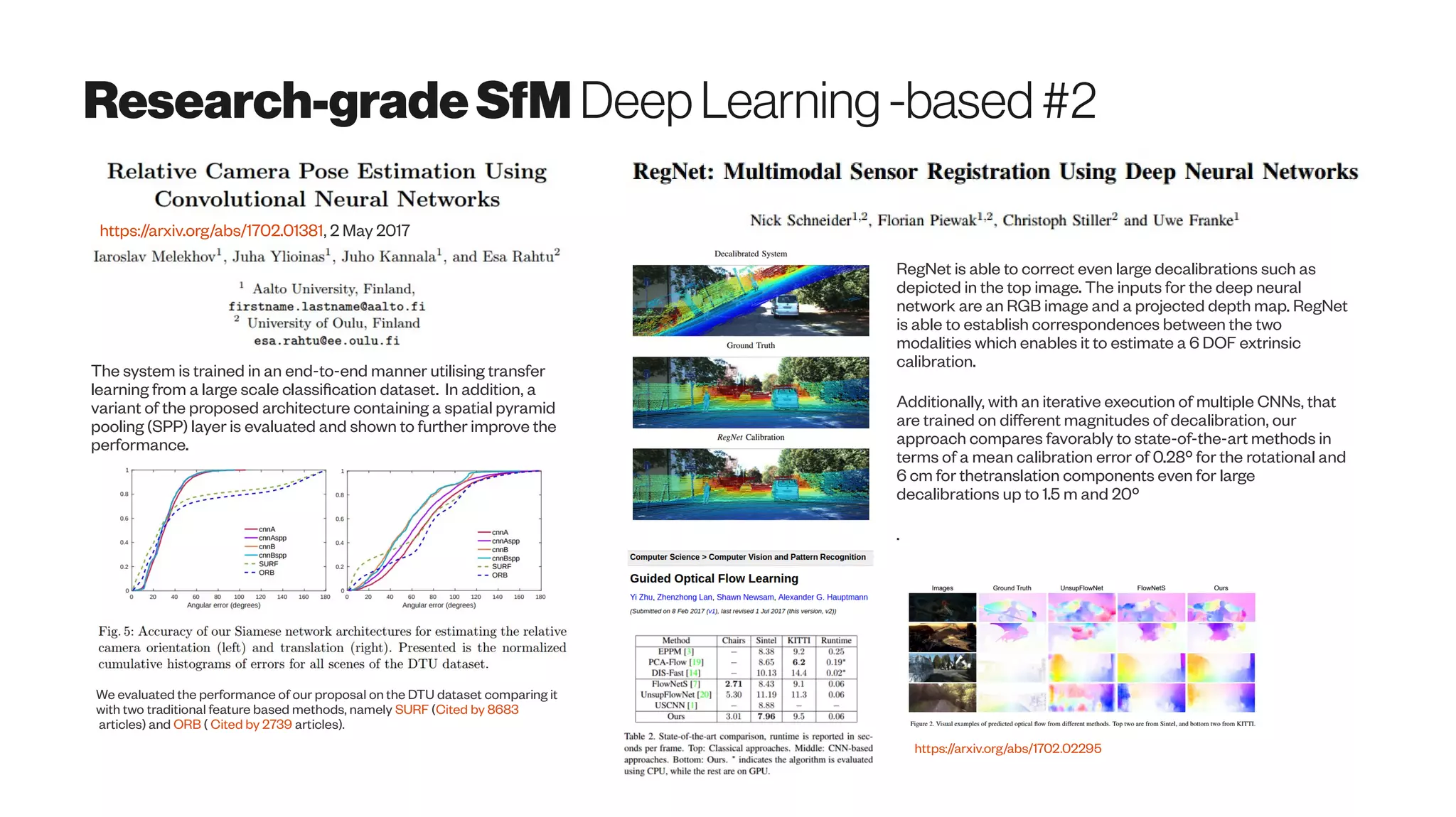 Research-gradeSfM DeepLearning -based#2
https://arxiv.org/abs/1702.01381, 2 May 2017
We evaluated the performance of our proposal on the DTU dataset comparing it
with two traditional feature based methods, namely SURF (Cited by 8683
articles) and ORB ( Cited by 2739 articles).
The system is trained in an end-to-end manner utilising transfer
learning from a large scale classification dataset. In addition, a
variant of the proposed architecture containing a spatial pyramid
pooling (SPP) layer is evaluated and shown to further improve the
performance.
RegNet is able to correct even large decalibrations such as
depicted in the top image. The inputs for the deep neural
network are an RGB image and a projected depth map. RegNet
is able to establish correspondences between the two
modalities which enables it to estimate a 6 DOF extrinsic
calibration.
Additionally, with an iterative execution of multiple CNNs, that
are trained on different magnitudes of decalibration, our
approach compares favorably to state-of-the-art methods in
terms of a mean calibration error of 0.28º for the rotational and
6 cm for thetranslation components even for large
decalibrations up to 1.5 m and 20º
.
https://arxiv.org/abs/1702.02295
 