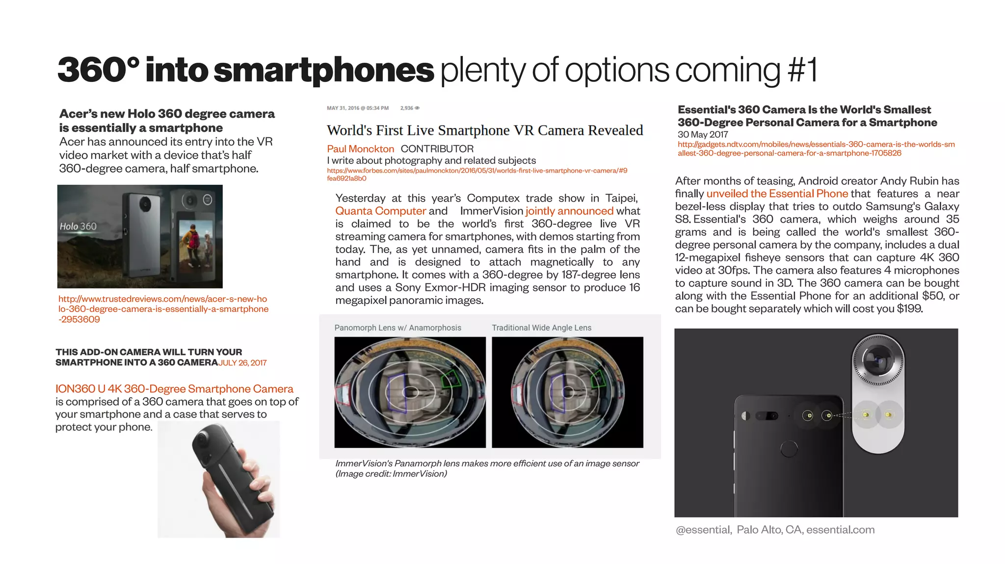 360°intosmartphones plentyofoptionscoming#1
Acer’s new Holo 360 degree camera
is essentially a smartphone
Acer has announced its entry into the VR
video market with a device that’s half
360-degree camera, half smartphone.
http://www.trustedreviews.com/news/acer-s-new-ho
lo-360-degree-camera-is-essentially-a-smartphone
-2953609
Paul Monckton CONTRIBUTOR
I write about photography and related subjects
https://www.forbes.com/sites/paulmonckton/2016/05/31/worlds-first-live-smartphone-vr-camera/#9
fea6921a8b0
Yesterday at this year’s Computex trade show in Taipei,
Quanta Computer and ImmerVision jointly announced what
is claimed to be the world’s first 360-degree live VR
streaming camera for smartphones, with demos starting from
today. The, as yet unnamed, camera fits in the palm of the
hand and is designed to attach magnetically to any
smartphone. It comes with a 360-degree by 187-degree lens
and uses a Sony Exmor-HDR imaging sensor to produce 16
megapixel panoramic images.
ImmerVision's Panamorph lens makes more efficient use of an image sensor
(Image credit: ImmerVision)
THIS ADD-ON CAMERA WILL TURN YOUR
SMARTPHONE INTO A 360 CAMERAJULY 26, 2017
ION360 U 4K 360-Degree Smartphone Camera
is comprised of a 360 camera that goes on top of
Essential's 360 Camera Is the World's Smallest
360-Degree Personal Camera for a Smartphone
30 May 2017
http://gadgets.ndtv.com/mobiles/news/essentials-360-camera-is-the-worlds-sm
allest-360-degree-personal-camera-for-a-smartphone-1705826
After months of teasing, Android creator Andy Rubin has
finally unveiled the Essential Phone that features a near
bezel-less display that tries to outdo Samsung's Galaxy
S8. Essential's 360 camera, which weighs around 35
grams and is being called the world's smallest 360-
degree personal camera by the company, includes a dual
12-megapixel fisheye sensors that can capture 4K 360
video at 30fps. The camera also features 4 microphones
to capture sound in 3D. The 360 camera can be bought
along with the Essential Phone for an additional $50, or
can be bought separately which will cost you $199.
@essential, Palo Alto, CA, essential.com
 