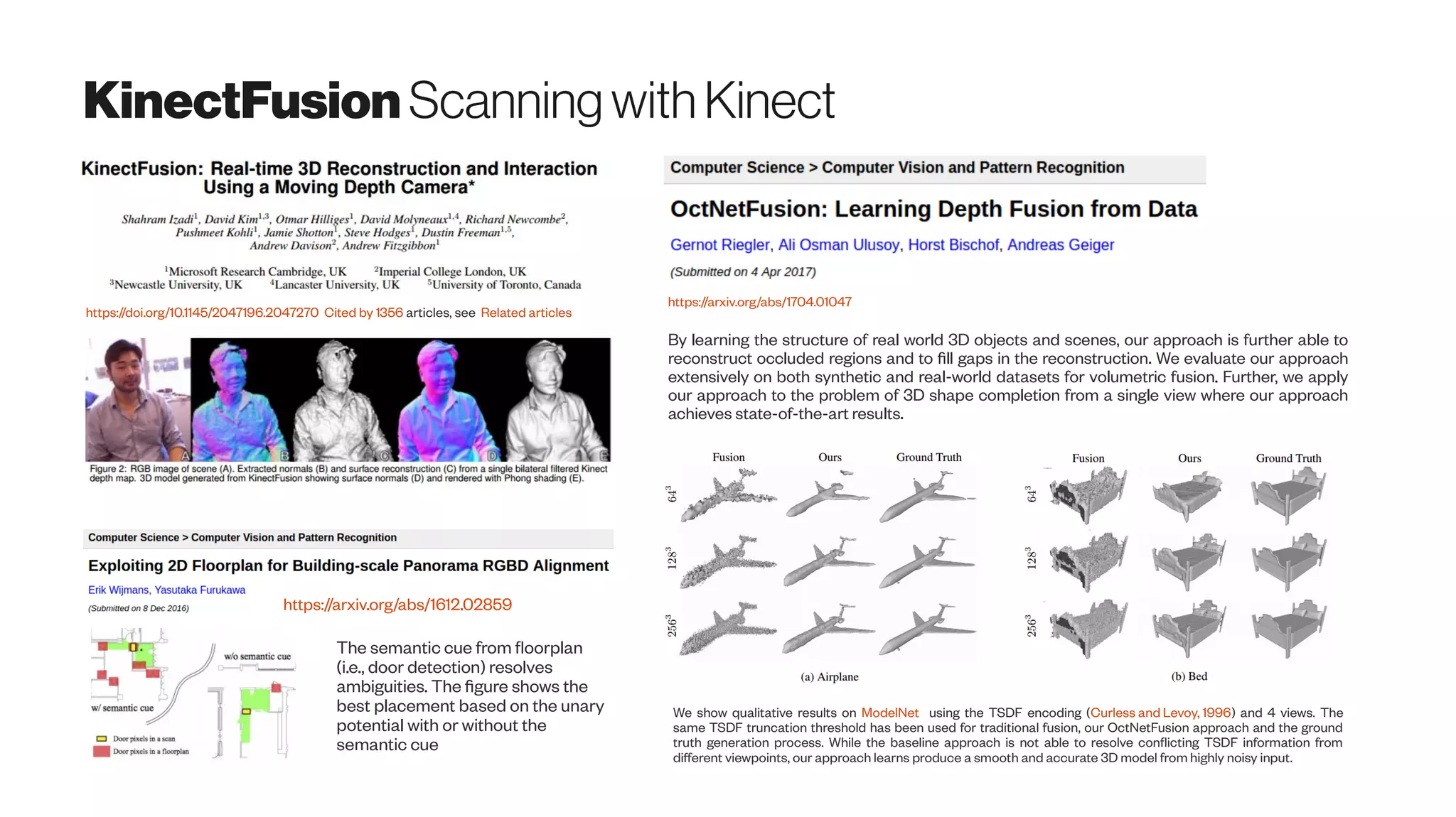 KinectFusion Scanning with Kinect
https://doi.org/10.1145/2047196.2047270 Cited by 1356 articles, see Related articles
https://arxiv.org/abs/1704.01047
https://arxiv.org/abs/1612.02859
The semantic cue from floorplan
(i.e., door detection) resolves
ambiguities. The figure shows the
best placement based on the unary
potential with or without the
semantic cue
We show qualitative results on ModelNet using the TSDF encoding (Curless and Levoy, 1996) and 4 views. The
same TSDF truncation threshold has been used for traditional fusion, our OctNetFusion approach and the ground
truth generation process. While the baseline approach is not able to resolve conflicting TSDF information from
different viewpoints, our approach learns produce a smooth and accurate 3D model from highly noisy input.
By learning the structure of real world 3D objects and scenes, our approach is further able to
reconstruct occluded regions and to fill gaps in the reconstruction. We evaluate our approach
extensively on both synthetic and real-world datasets for volumetric fusion. Further, we apply
our approach to the problem of 3D shape completion from a single view where our approach
achieves state-of-the-art results.
 